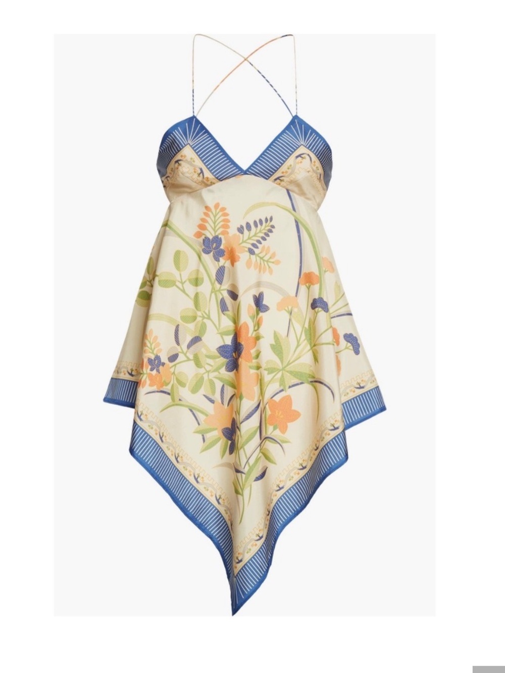 Rebecca Taylor Cream Floral Silk Handkerchief Top with Blue Trim